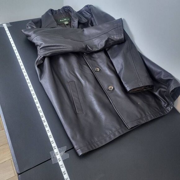 VTG Eddie Bauer Mens Leather Coat Jacket Brown Sz XLT Quilted Long Button Front - Picture 8 of 8